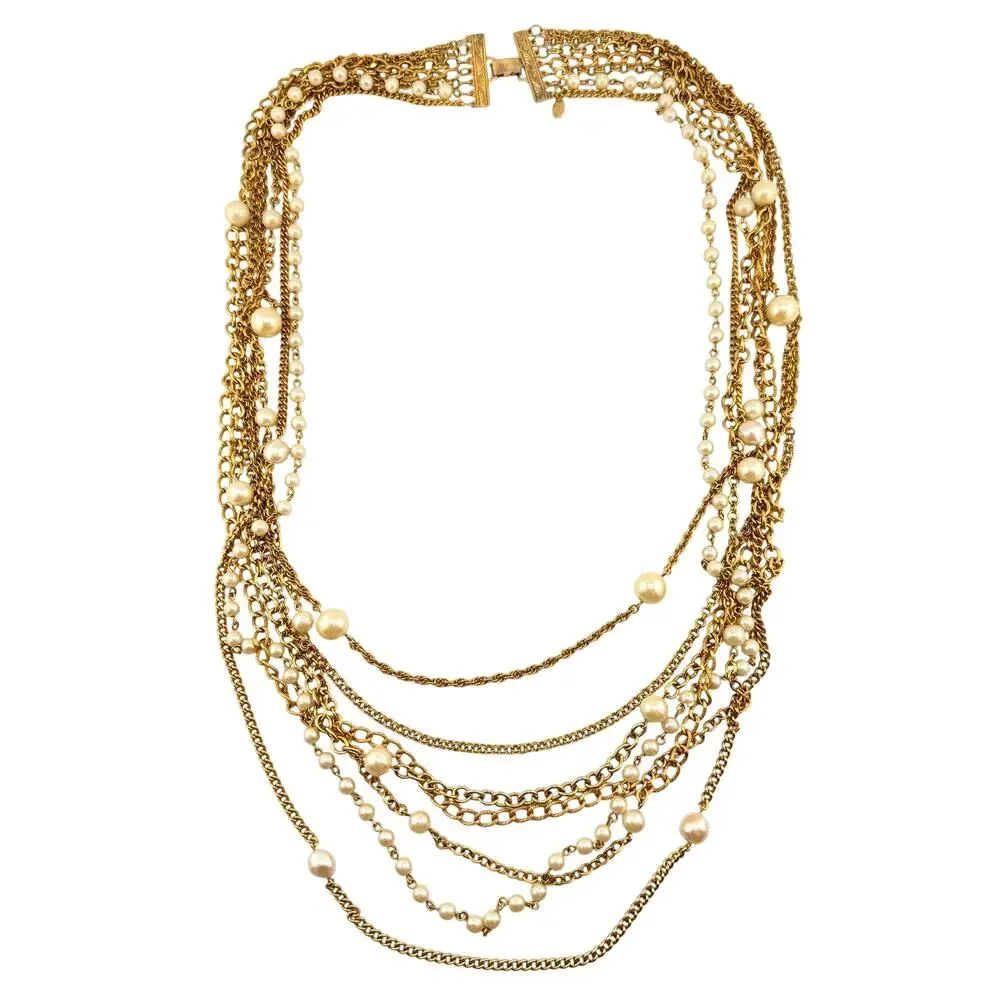 Vintage Joan Rivers 1990s Faux Pearl Layered Multichain Gold Tone 33